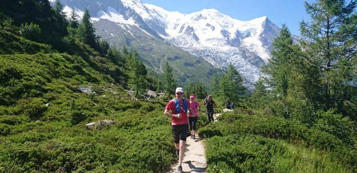 Running along the trails with Glacier des Bossons in the background.