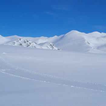 Skiers against the backdrop of mountains in Rondane.